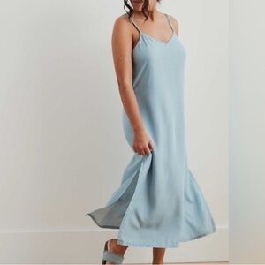 Aerie Chambray Side Slit Midi Slip Blue Dress
